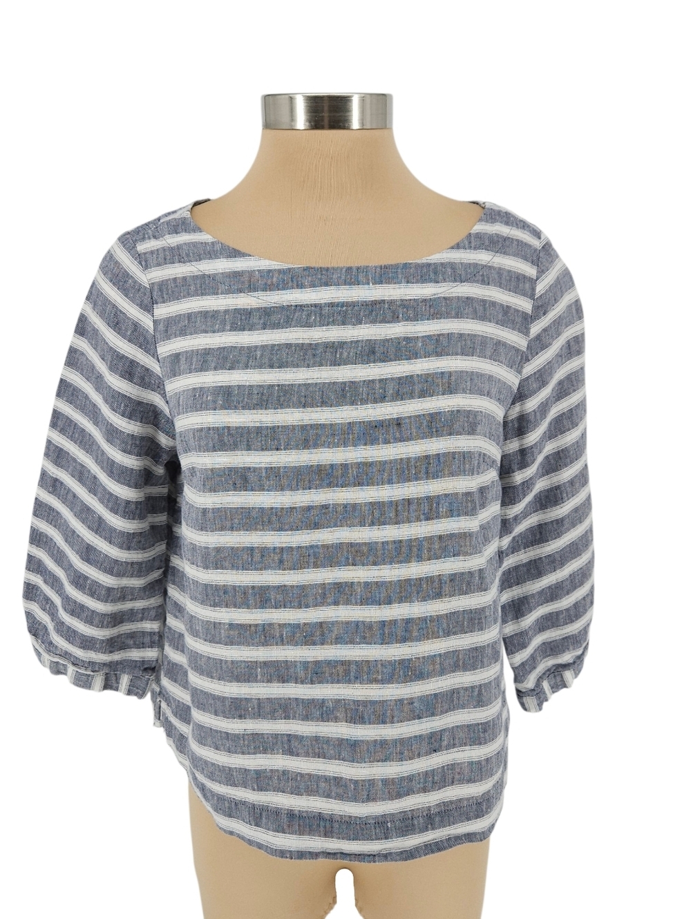 Christian Siriano Shirt Linen Blue Nautical Beach Stripe 3/4 Sleeve Top Medium